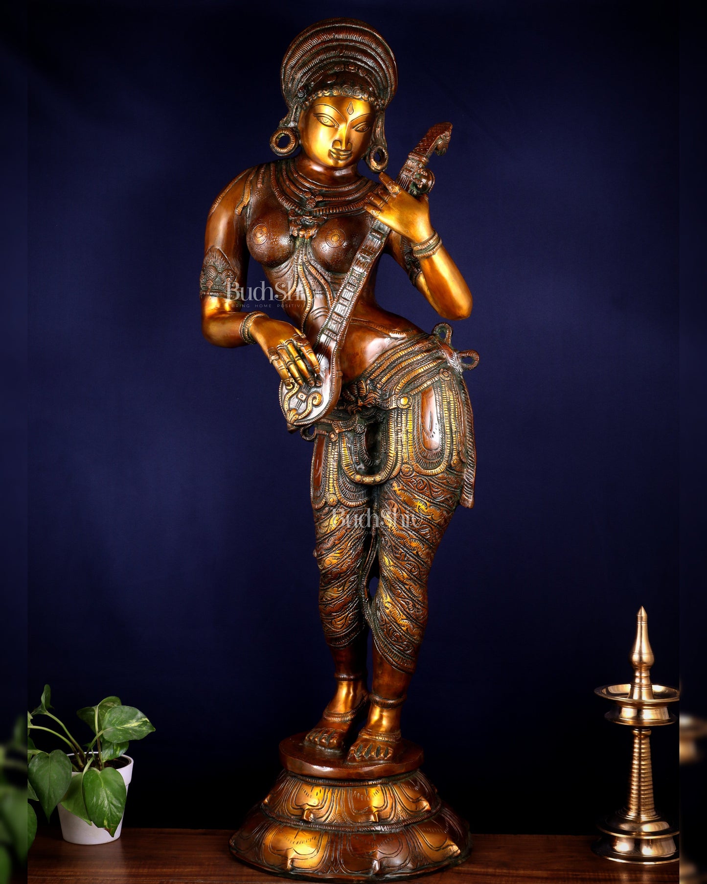 Pure Brass Standing Saraswati Statue – Unique Chola Style 35 inch - Sama Homes Idol - Brass Sculpture
