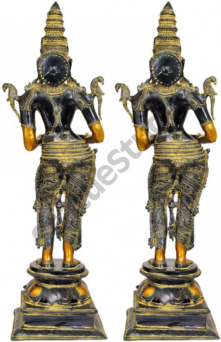 Indian Antique Metal Celestial Khajuraho Apsara DeepLaxmi Pair Diwali Statue 31"
