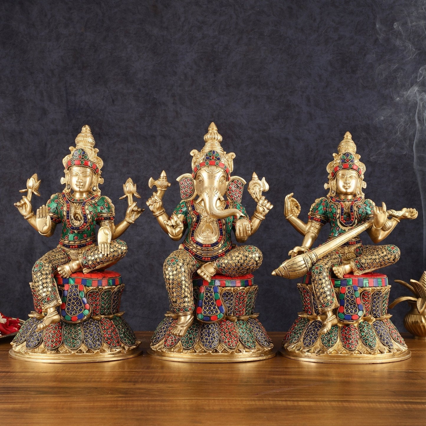 15-Inch Brass Ganesha, Lakshmi, and Saraswati Idols on Lotus Base | Divine Trio | 100% Certified Copper & Brass - Sama Homes Idol - Brass Sculpture