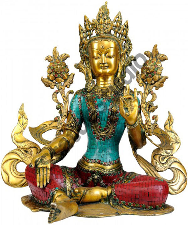 Nepal Turquoise Coral Inlay Work Brass Green Tara Good Luck Statue 18"