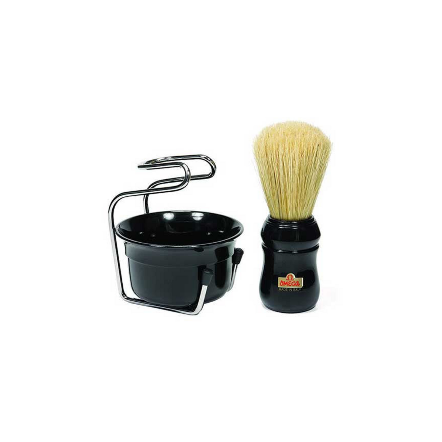 Omega Boar Bristle Shaving Brush, H:128, L:65mm, K:27, Black Handle with Lather Bowl