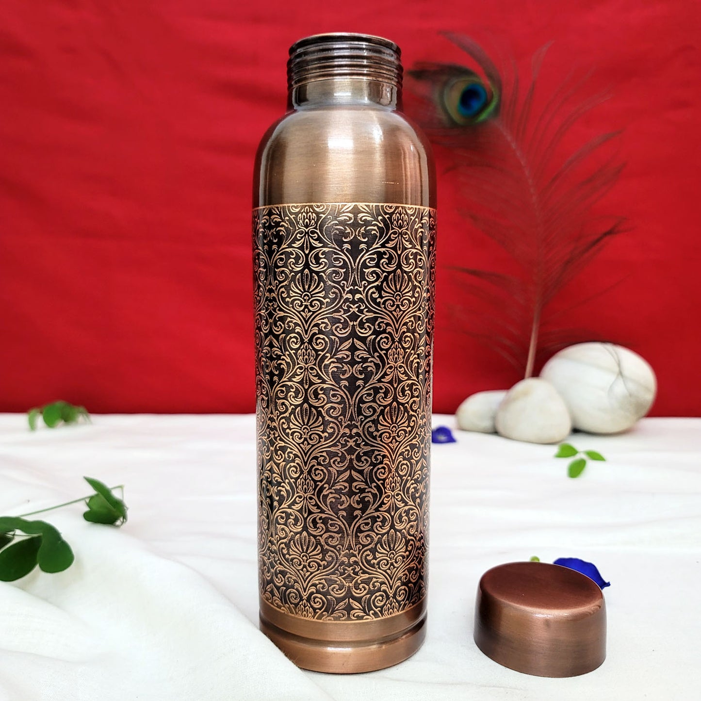 Pure Copper Water Bottle Milton Antique Engraved Design Capacity 1 Litre - Sama Homes