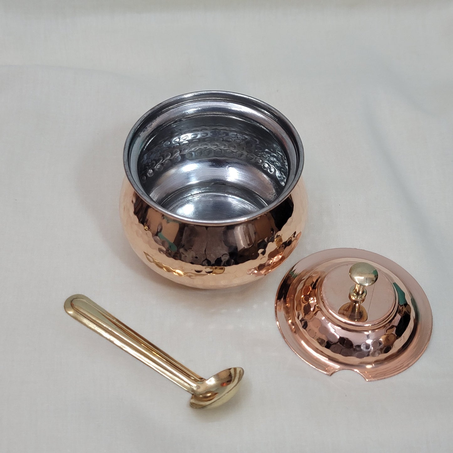 Authentic Hammered Copper Ghee Pot (Tin-Lined Kalai) with Brass Spoon | Clarified Butter Jar