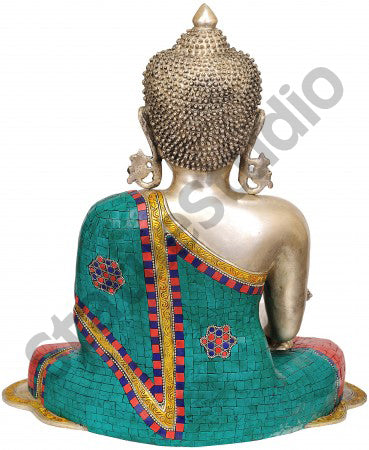 Indian Handmade Brass Medicine Buddha Turquoise Coral Inlay Décor Gifting 18"