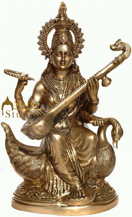 Brass Large Goddess Of Knowledge Maa Saraswati Idol On Swan Playing Veena 28 Inch