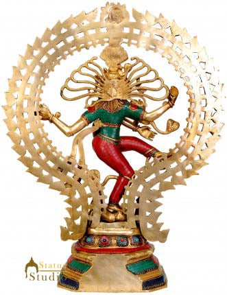 Large Size Hindu Dancing God Natraj Turquoise Coral Inlay Big Statue 2.5 Feet