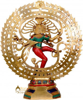 Large Size Hindu Dancing God Natraj Turquoise Coral Inlay With OM AUM 2.5 Feet