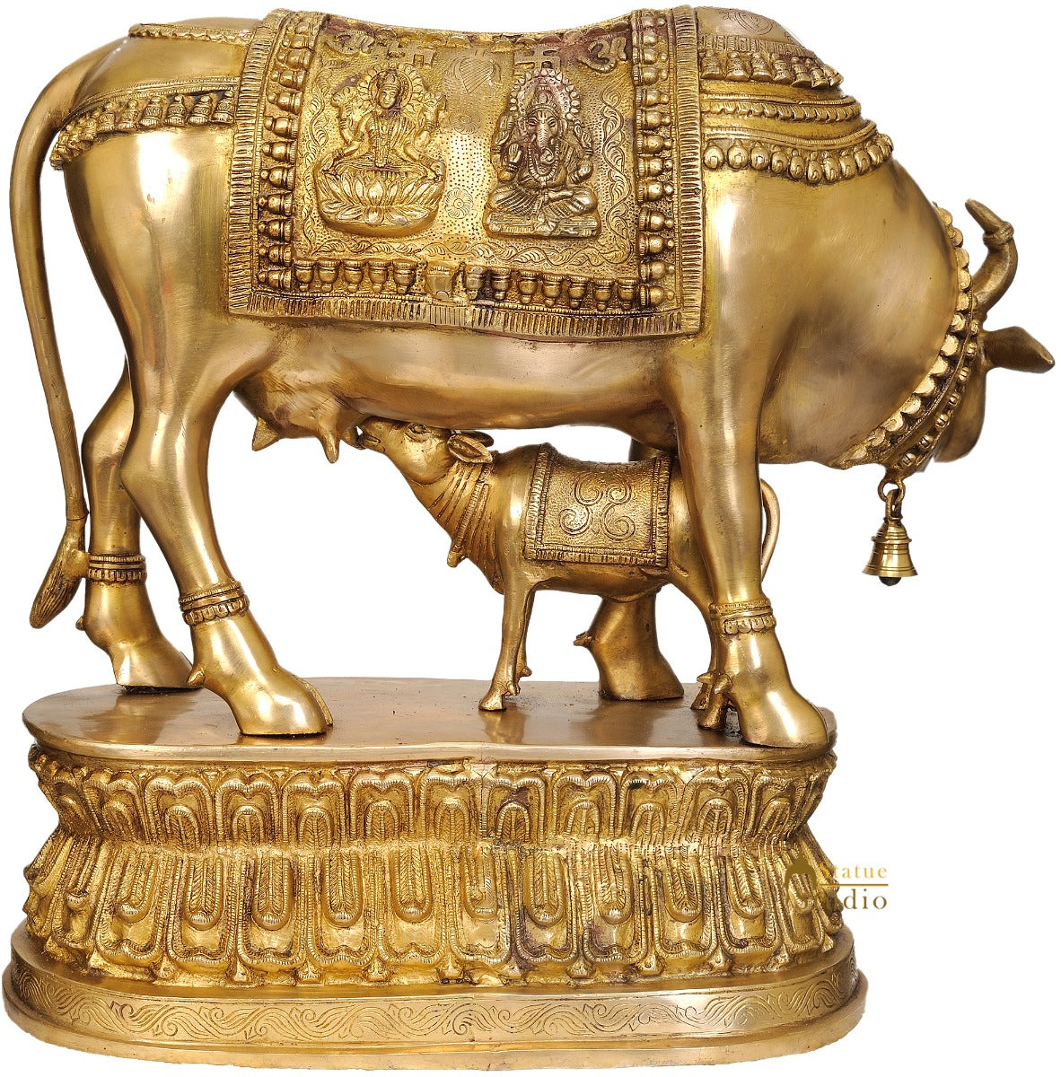 Large Size Holy Cow Traditional Metal Statue With Calf Saddle Base Gau Mata 21"