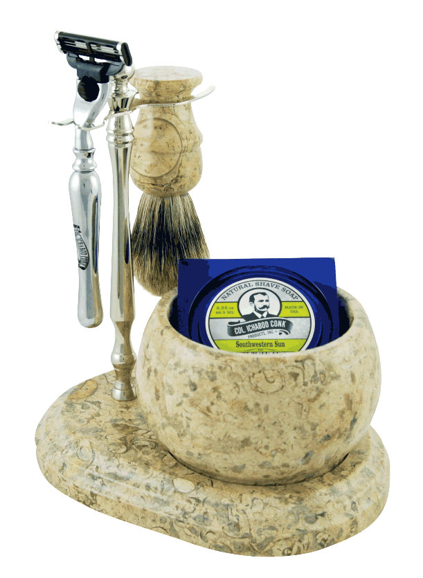 Chrome & Fossil Safety Razor + Shave Brush Stand with Base and Fossil Bowl