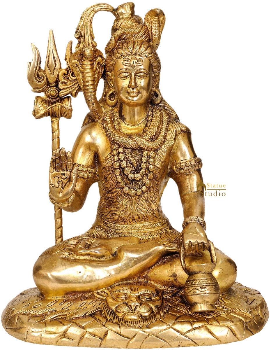 Brass Rare Depiction Statue of Lord Shiva Seated on the Mountain of Kailash 10"