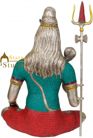 Brass Lord Shiva Statue Silver Turquoise Coral 20 Inches
