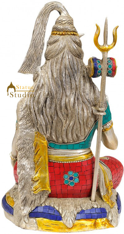 Brass Blessing Shiva Statue Silver Turquoise Coral 13 Inches