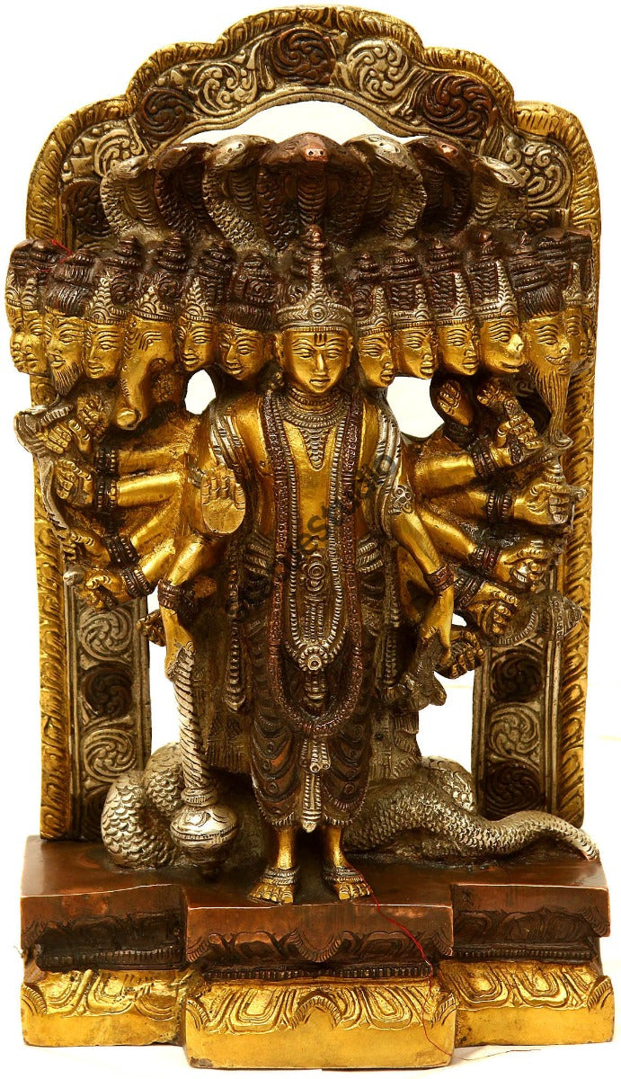 Brass Indian Hindu Lord Vishnu in His Cosmic Magnification Antique Statue 14"