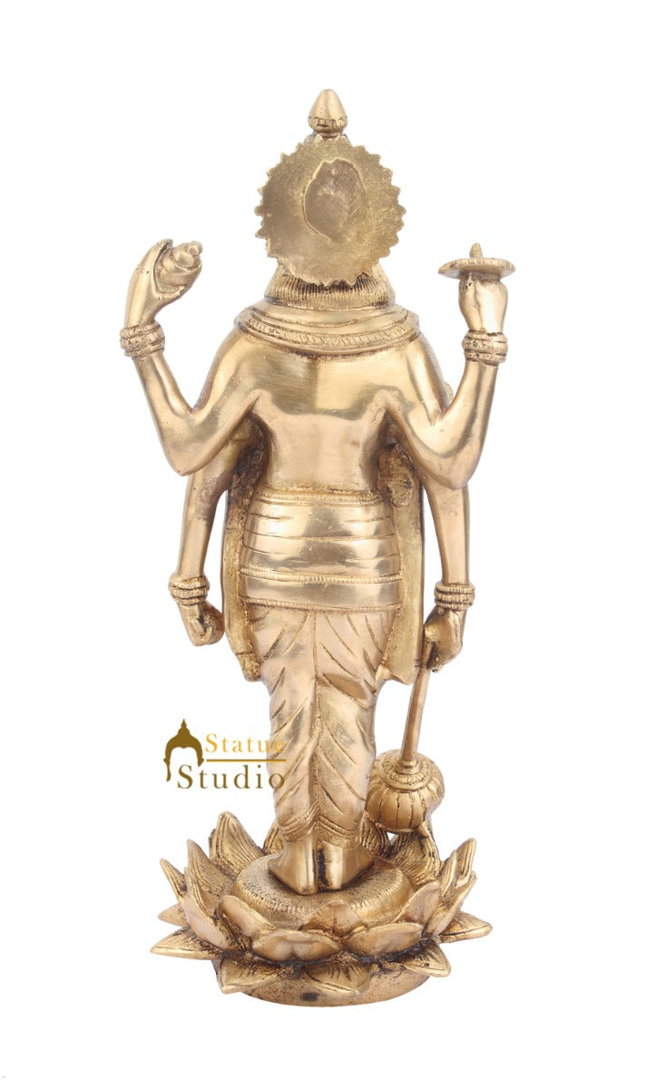 Brass Four-Armed Standing Lord Vishnu Bhagwan Idol Decor Statue 13 Inch