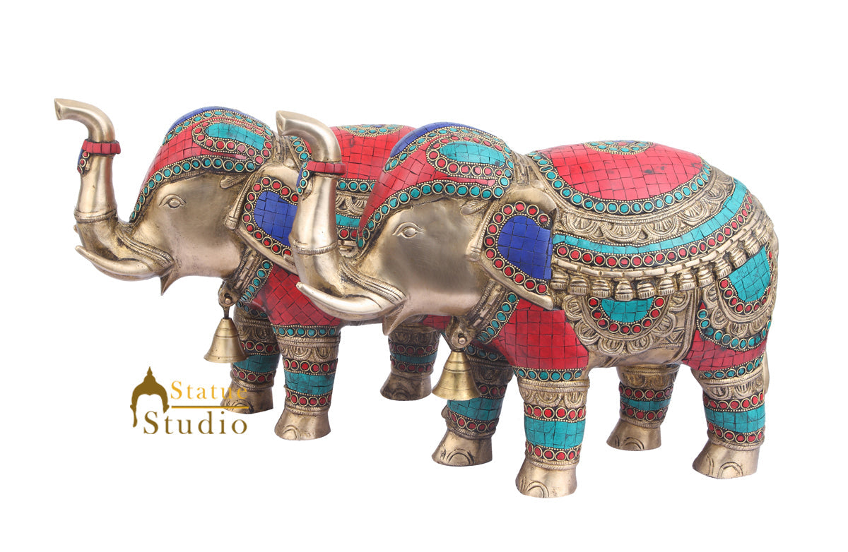 Indian Brass Animal Inlay Vastu Fengshui Home Décor Elephant Pair 11"