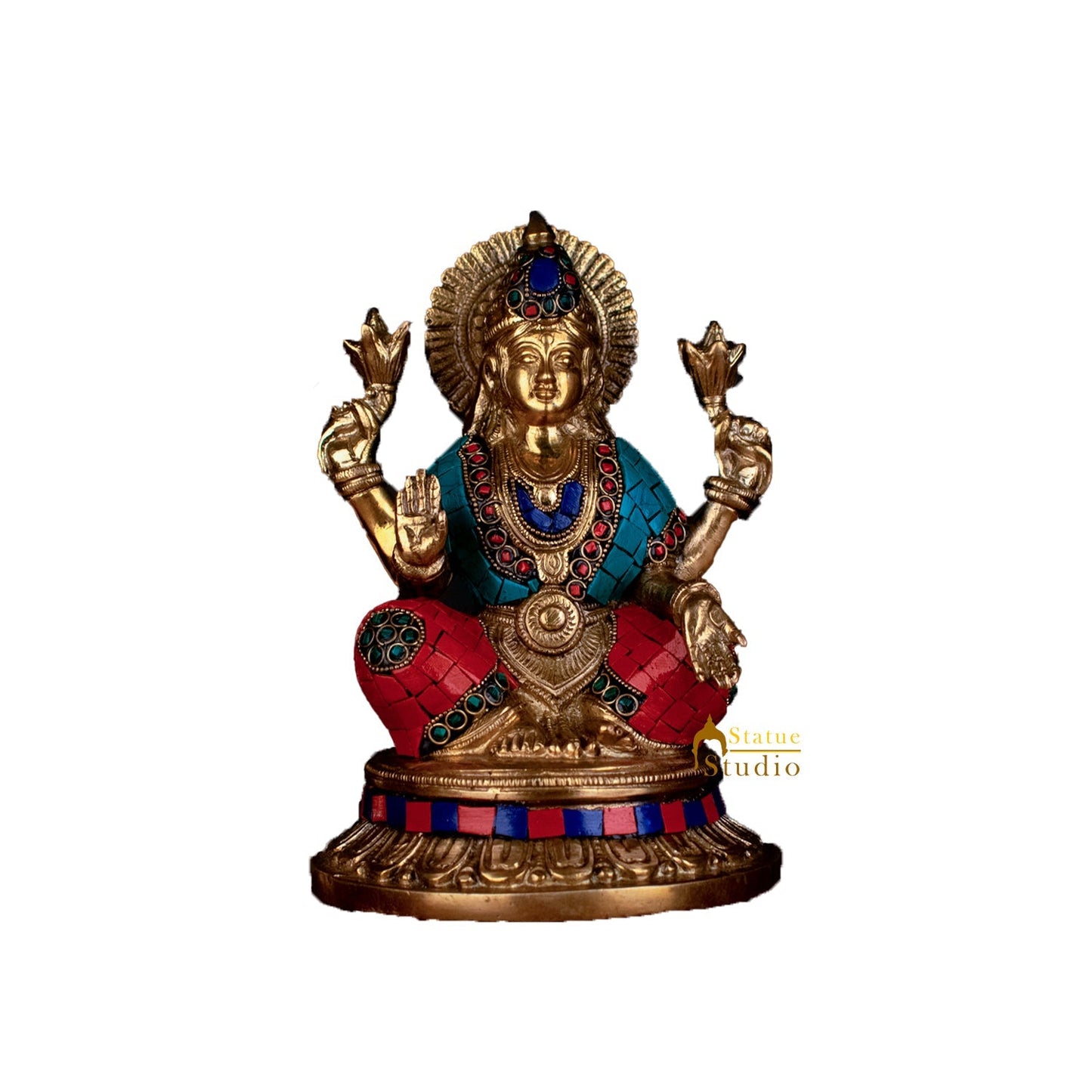 Hindu Sitting Goddess laxmi Colorful Inlay Murti Lucky Décor Gift Statue 8"