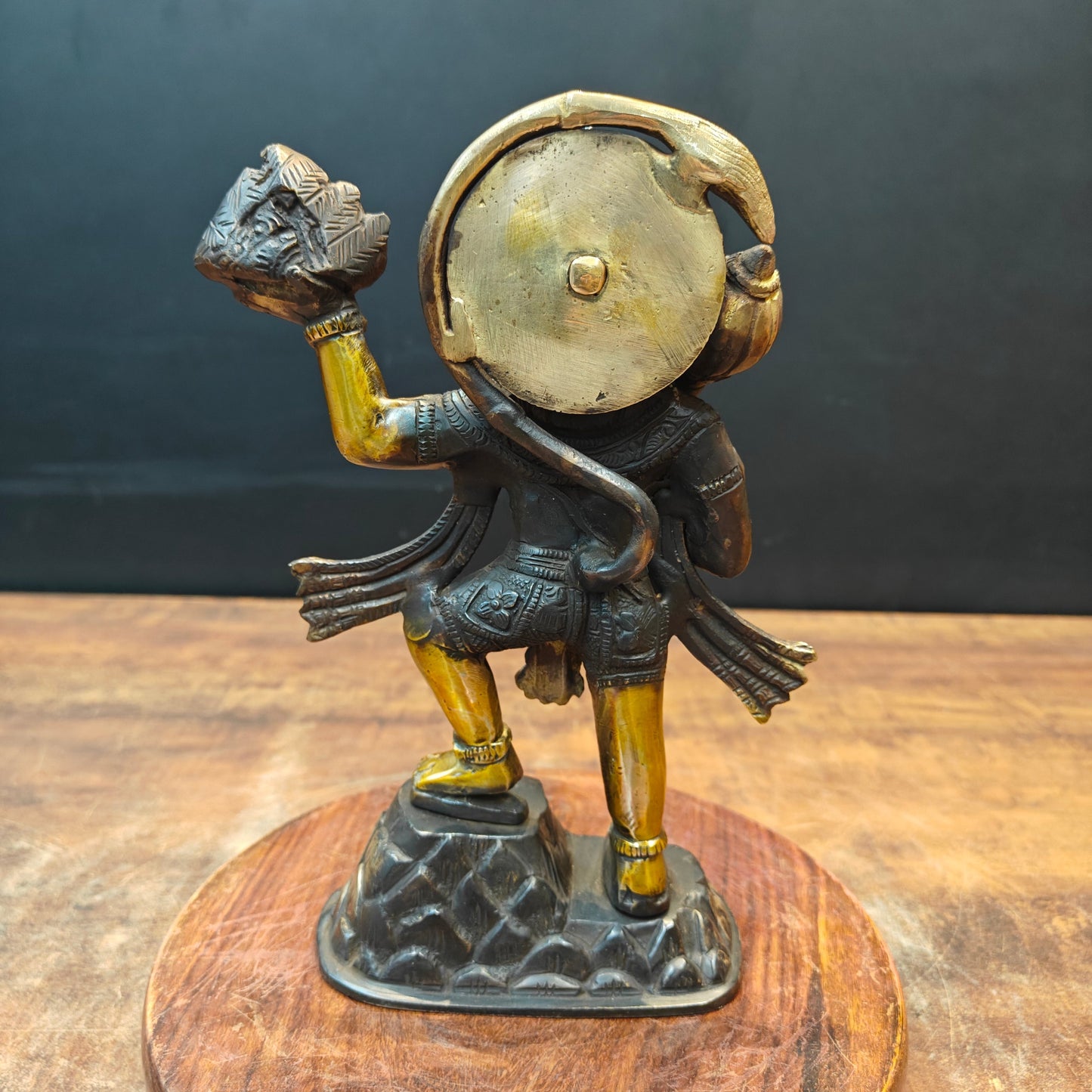 Brass Hanuman Idol Carrying Mountain Antique Finish 9"