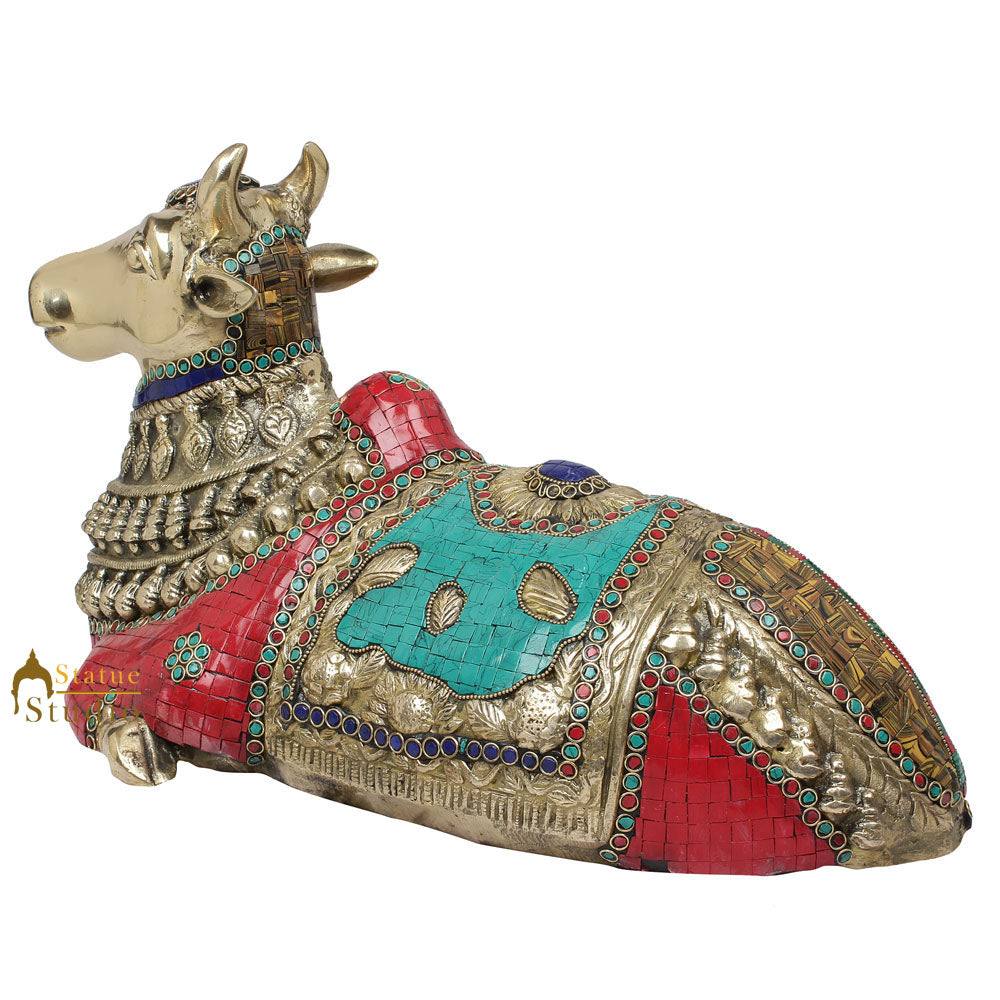 Brass Nandi Statue Fine Inlay Work Idol Figure For Temple Home Decor 20"