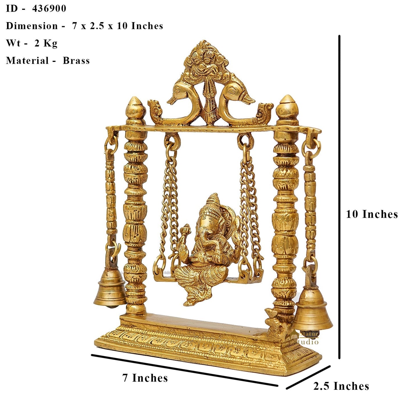Brass Ganesha Idol On Swing With Bells For Home Decor Gift 10"