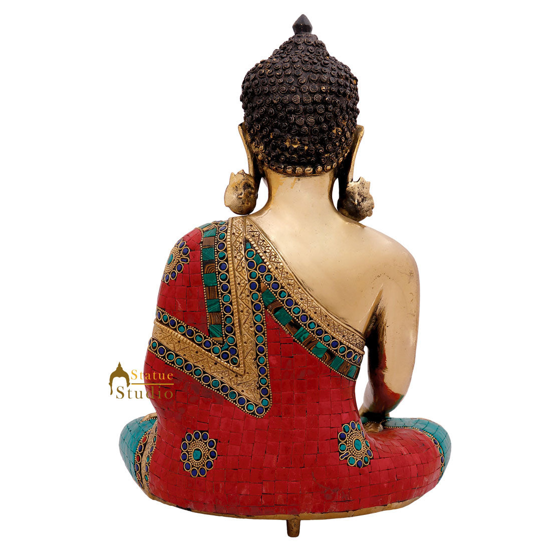 Turquoise Coral Inlay Large Buddha Sitting Décor Gift Idol Statue Murti 16"