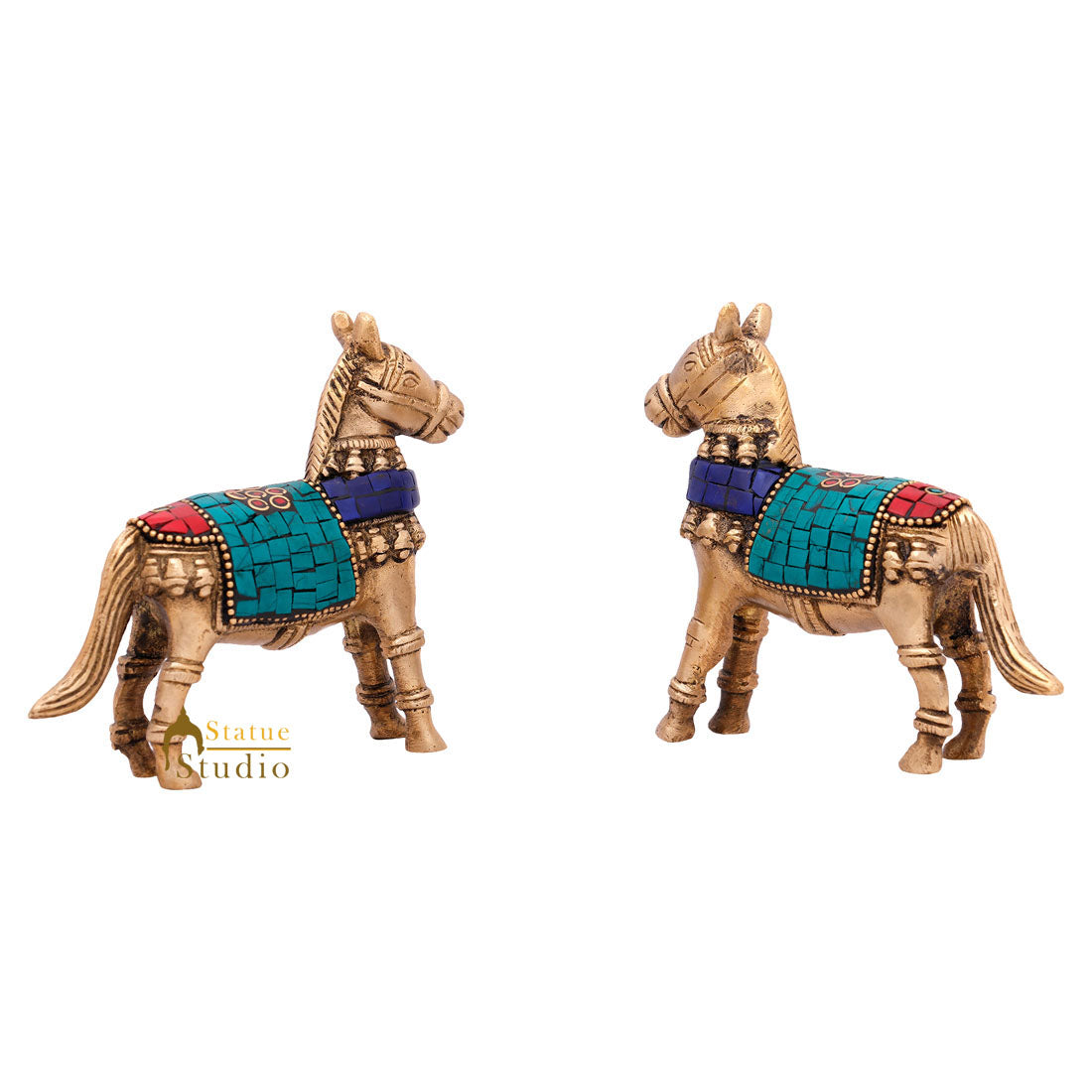 Indian Brass Small Mini Feng Shui Vastu Home Décor Horse Pair Inlay Statue 3"