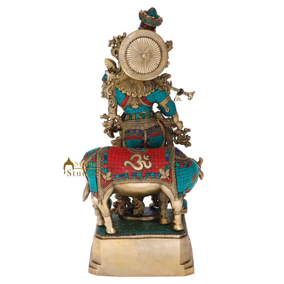 Large Brass Inlay Lord Krishna Fluting With Cow Décor Gift Idol Statue Murti 28"