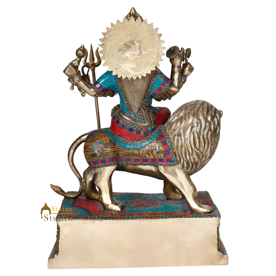Brass Hindu Goddess Durga Sherawali With Lion Statue Temple Inlay Idol 2 Feet