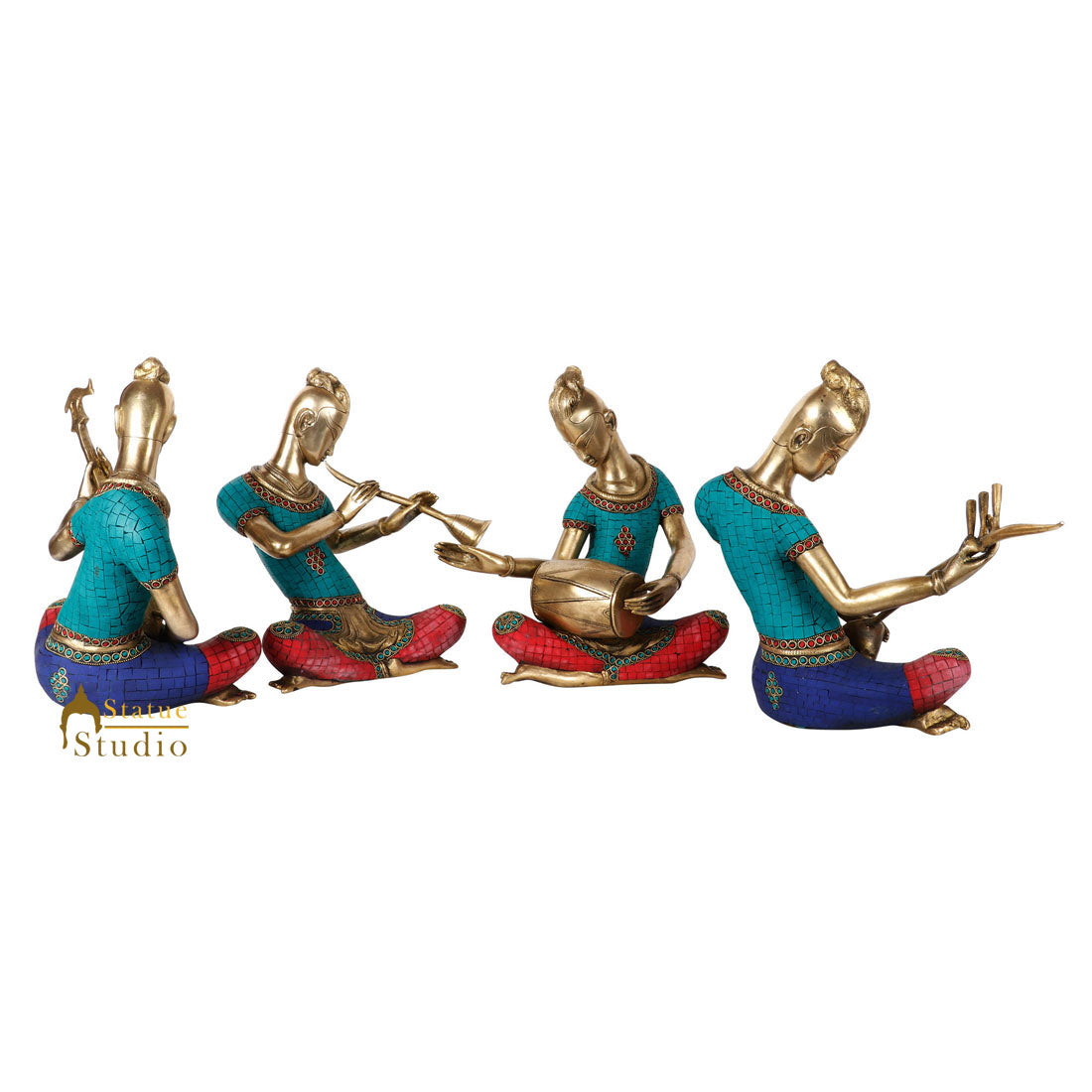 Indian Brass Handicraft Musician 4 pc Set Fine Inlay Décor Showpiece Statue 14"