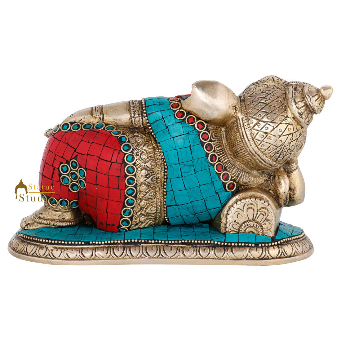 Brass Indian Inlay Sleeping Resting Ganpati Statue Ganesha Décor Gift Idol 4.5"