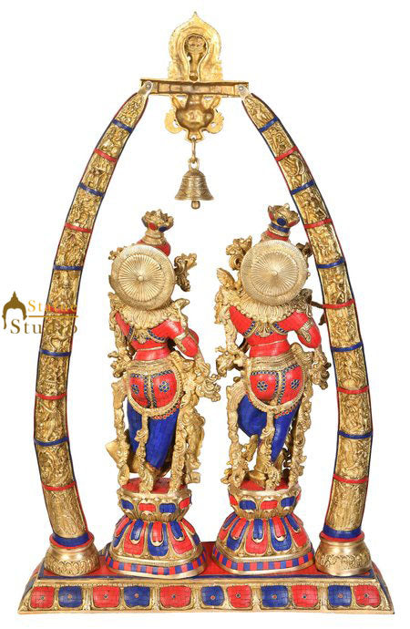 Brass Radha Krishna Idol Arch Stone Work for Home Temple Decor 4 Feet
