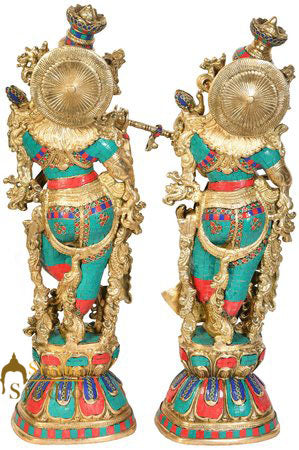 Brass Hindu God Goddess Statue Of Radha Krishna Décor Inlay Statue Idol 29"