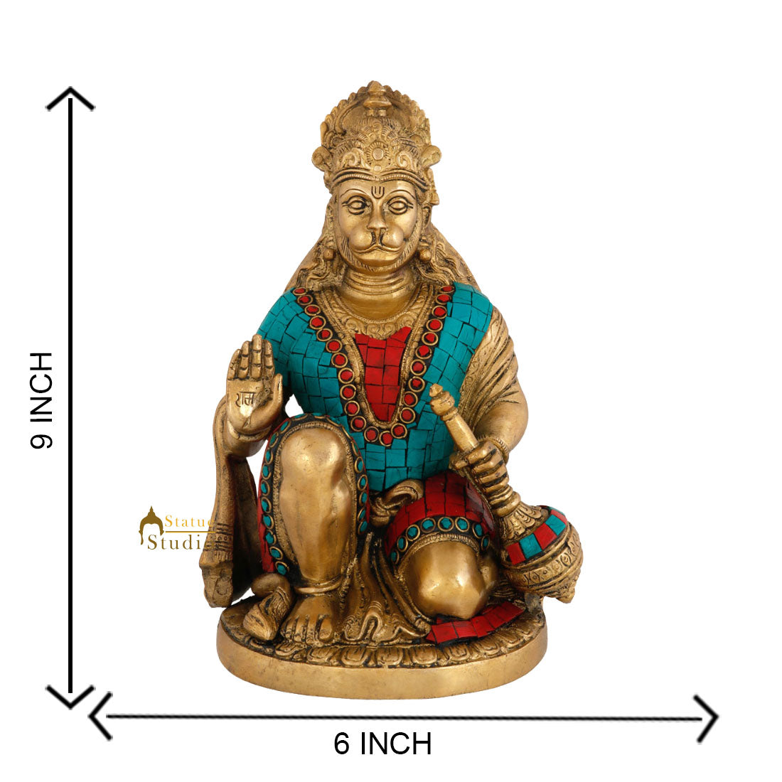 Brass Blessing Sitting Hanuman Idol Stone Work For Home Decor 9"
