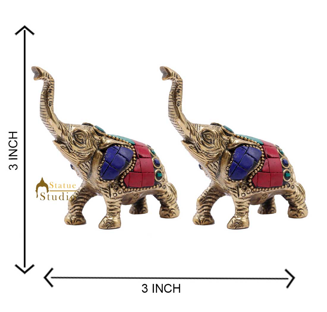 Indian Brass Elephant Pair Lucky Feng Shui Vastu Home Decorative Showpiece 3"