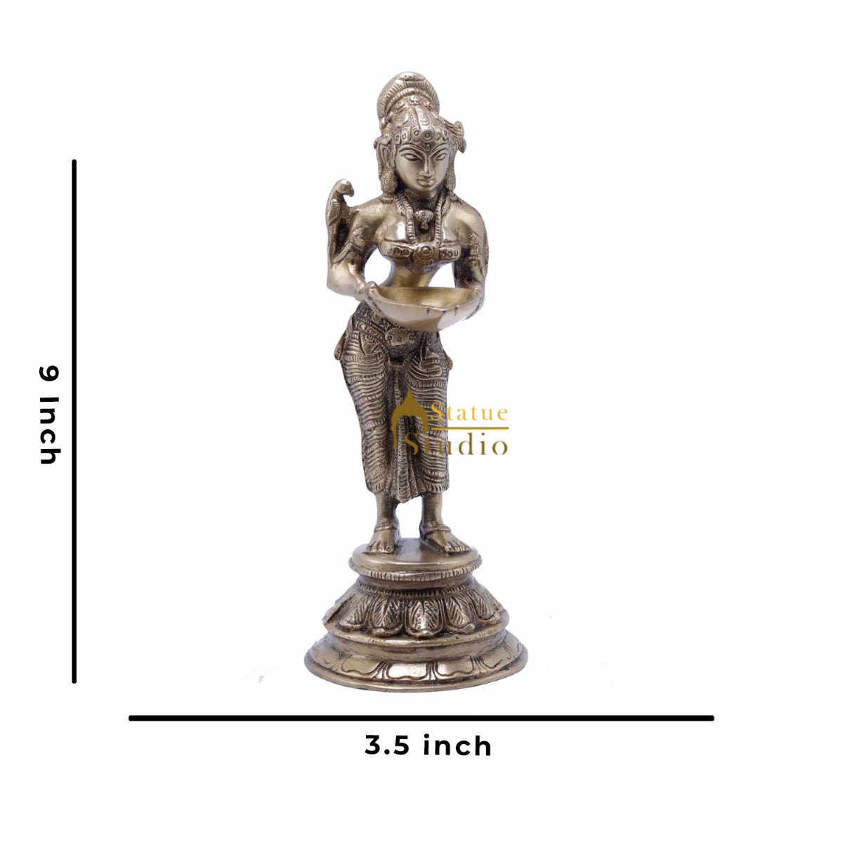 Brass Standing Deeplakshmi Idol 9" for Home Decor by StatueStudio