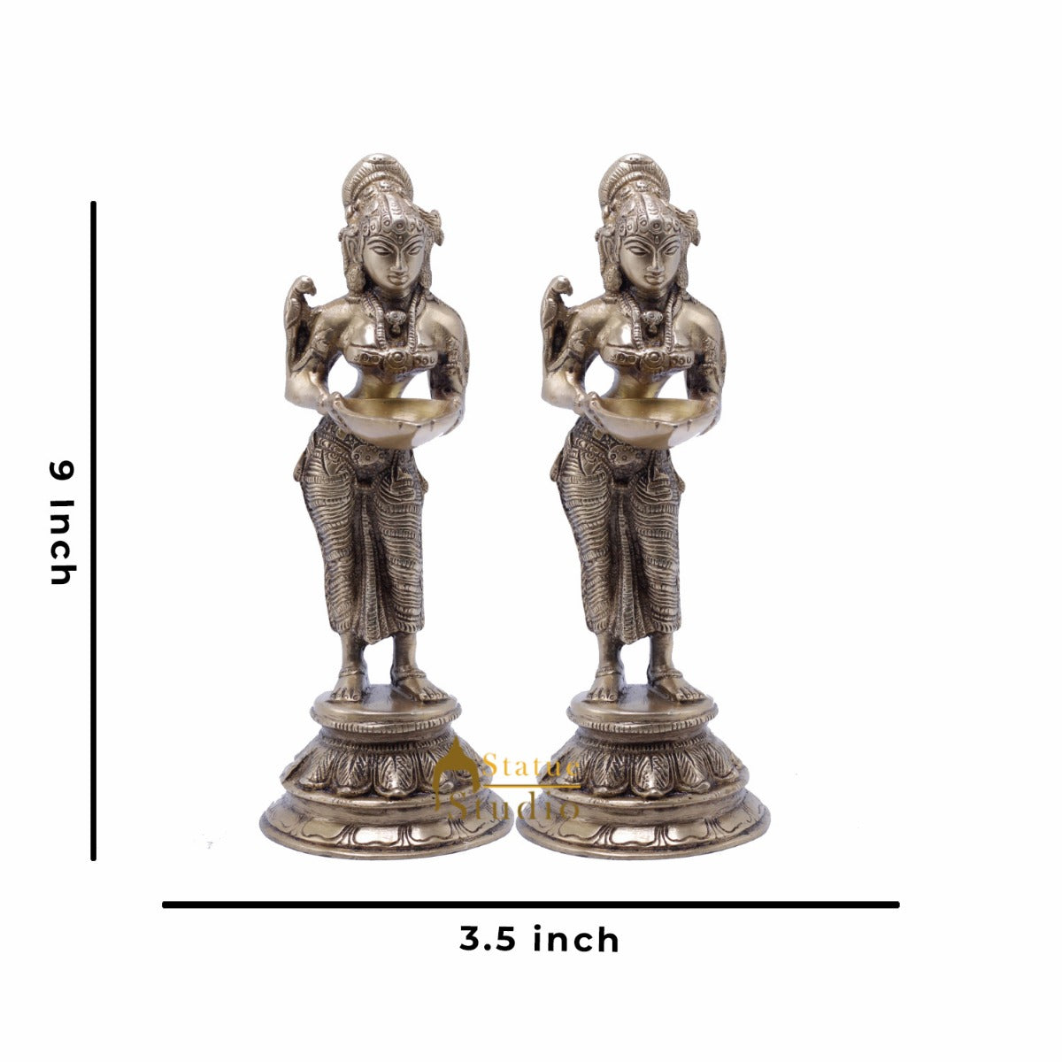 StatueStudio Brass Standing Deeplakshmi Pair Idol For Home Decor Temple Pooja Deep Lady Office Desk Living Room Table Decorative Deeplaxmi Statue Showpiece 9"