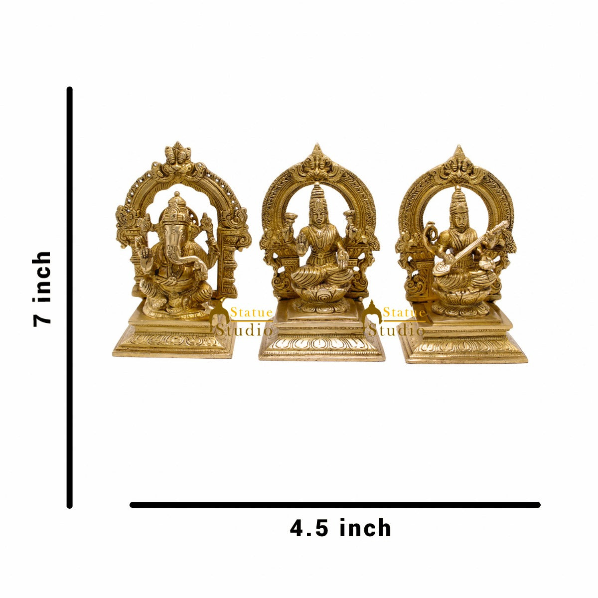 Brass Ganesha Lakshmi Saraswati Idols For Home Office Temple Décor Statue 7"