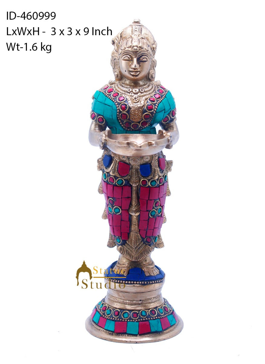 Brass Standing Deep Lady DeepLakshmi Idol For Home Temple Pooja Room Diwali Décor Statue 9"