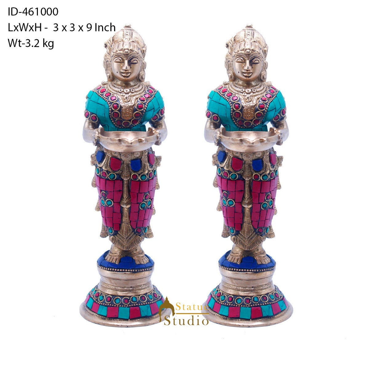 Brass Standing Deep Lady DeepLakshmi Idol Pair For Home Temple Pooja Room Diwali Décor Statue 9"