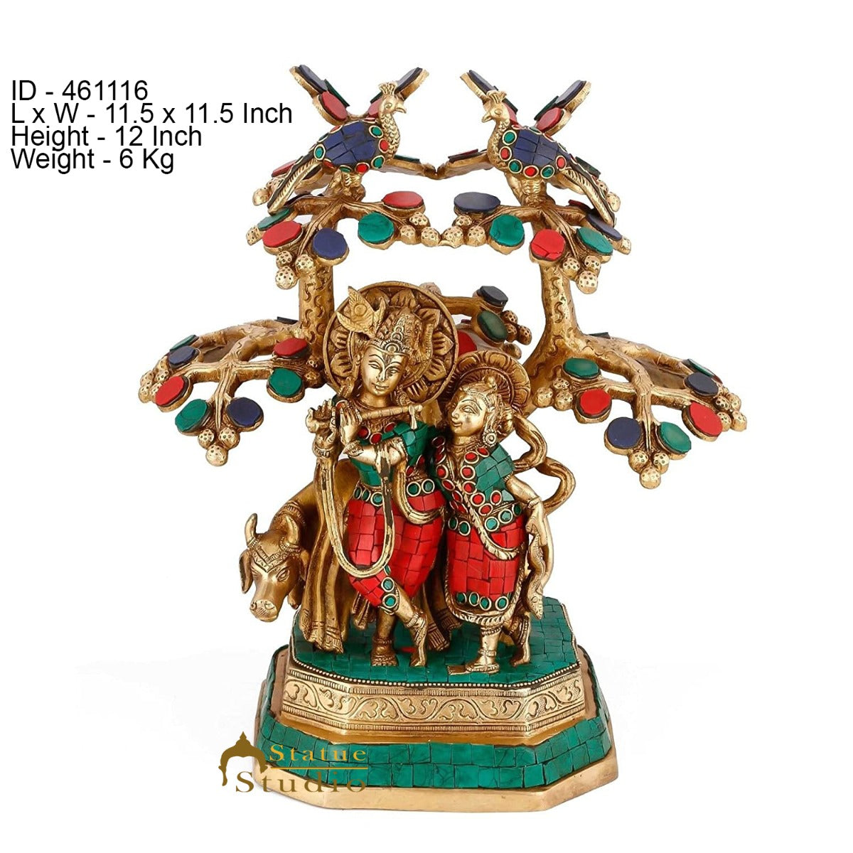 Brass Radha Krishna Idol With Cow Under Tree For Home Décor Large Inlay Statue