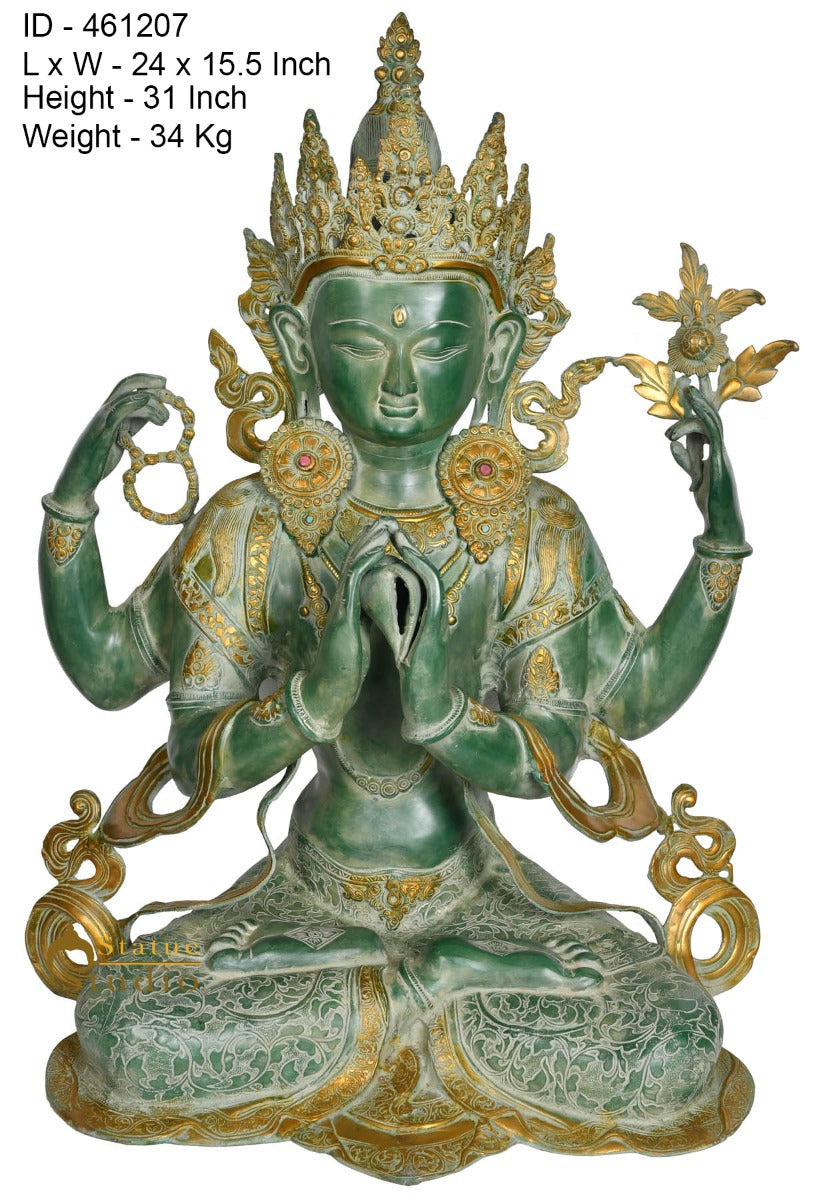 Brass Chenrezig Avalokiteshvara Buddha Idol Home Garden Décor Statue 2.5 Feet