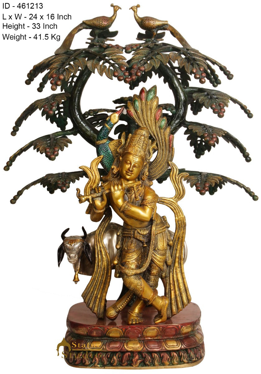 Brass Large Krishna Statue With Cow Under Tree 33 Inches