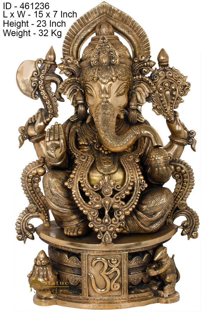 Brass Ganesha Statue Seated On OM Base Ganpati Idol Lucky Home Décor 2 Feet