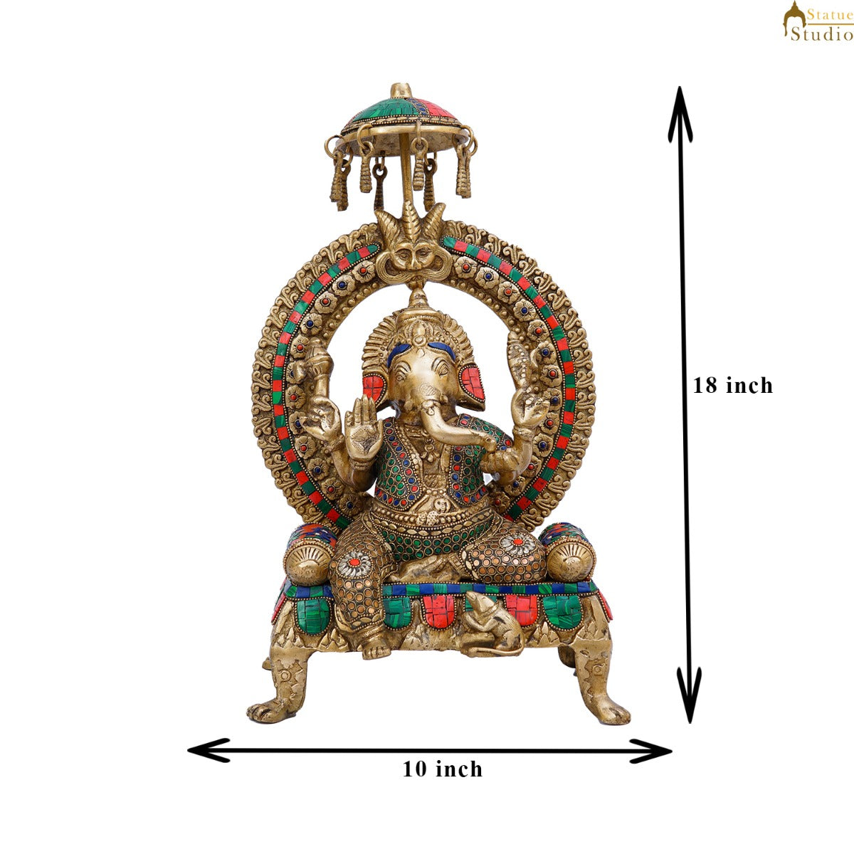 Brass Ganesha Idol Sitting On Throne Stone Work For Home Decor 1.5 Feet