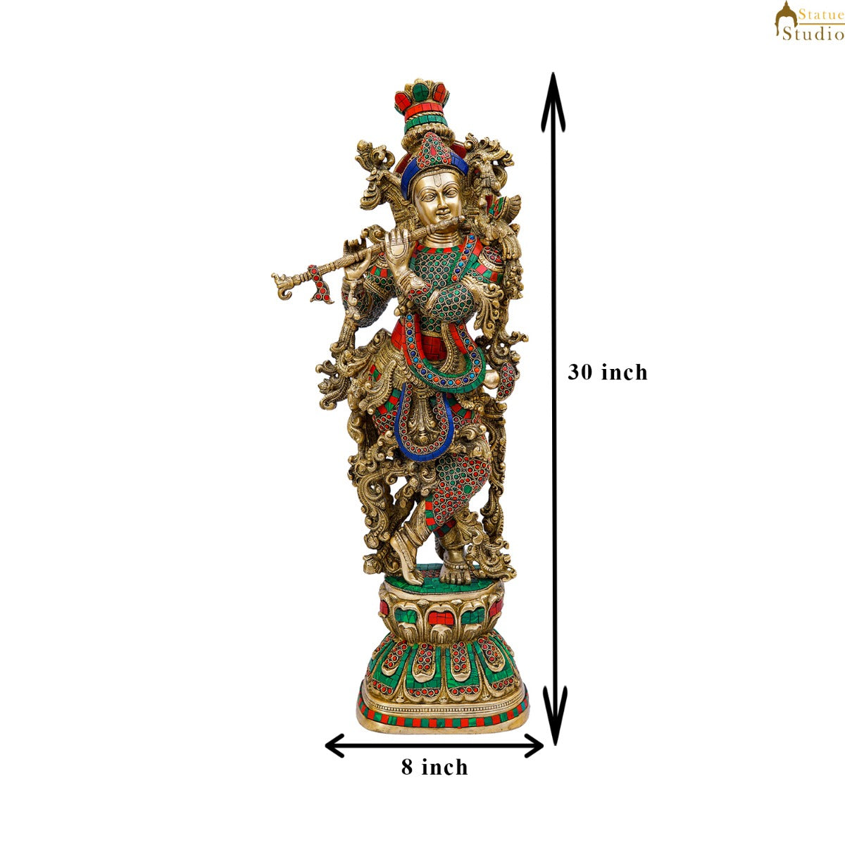 Brass Krishna Statue with Stonework 2.5 Feet by StatueStudio