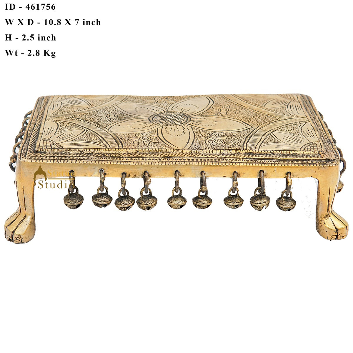 Brass Antique Puja Chowki with Ghungroo Bells 10.5 Inch