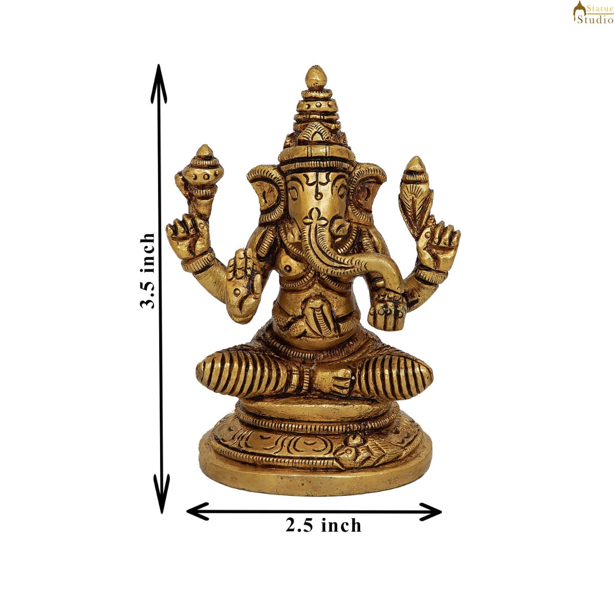 Fine Brass Small Ganesha Idol For Home Pooja Table Décor Statue Gift Showpiece 3.5"