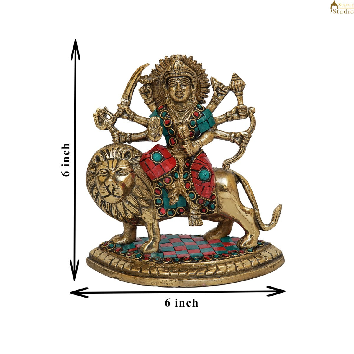 Brass Durga Idol Inlay Work Home Temple Pooja Décor Statue Gift 6"