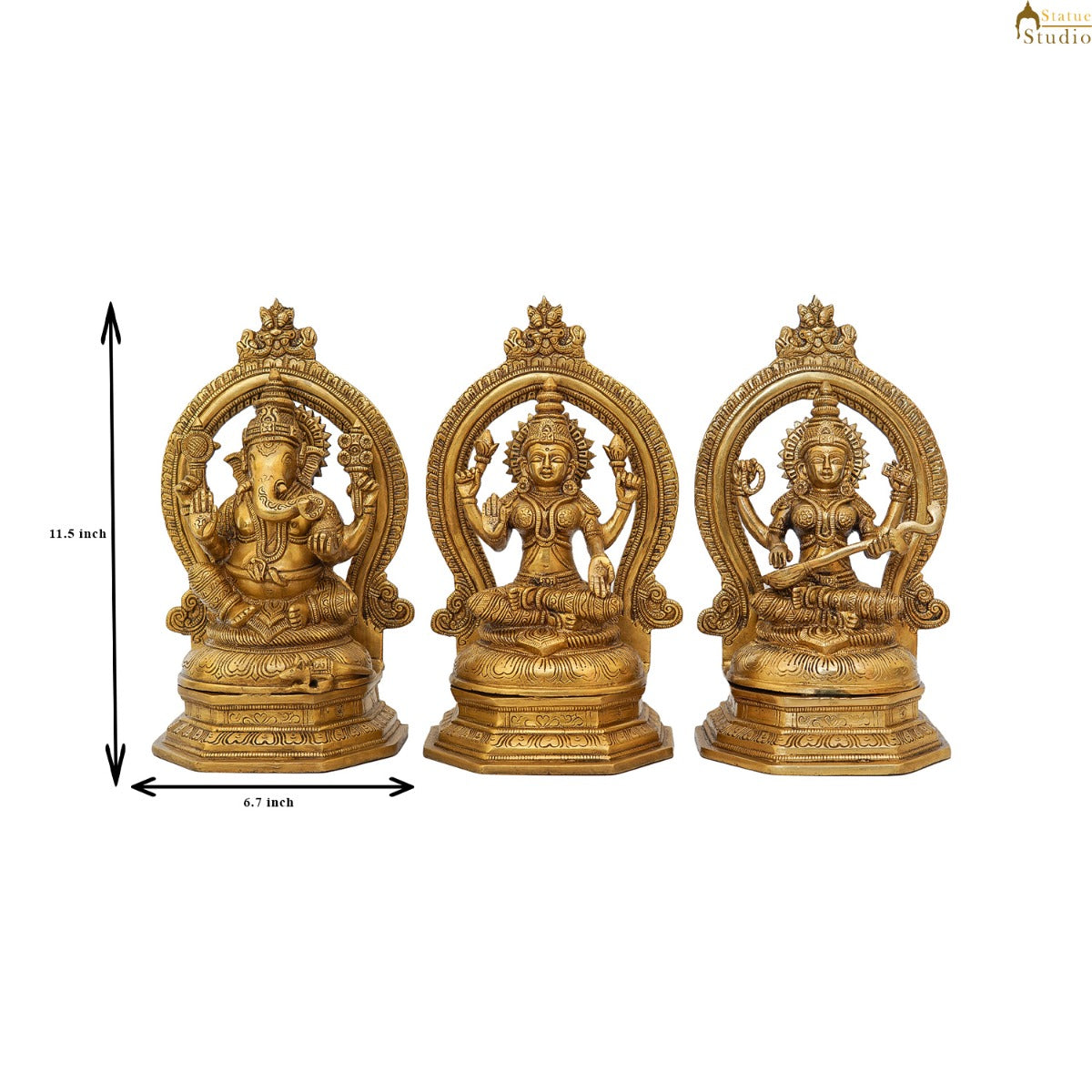 Brass Ganesha Lakshmi Saraswati Statue With Frame For Home Decor 11 Inch