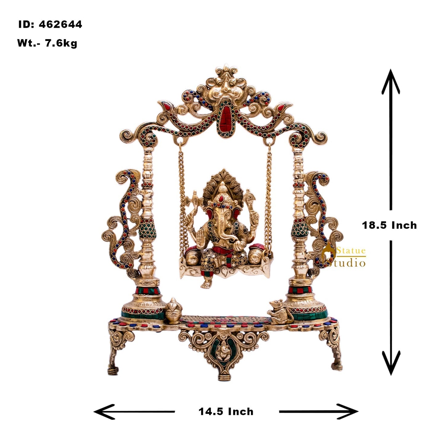 Brass Ganesha On Swing Idol Stone Work For Home Decor 1.5 Feet