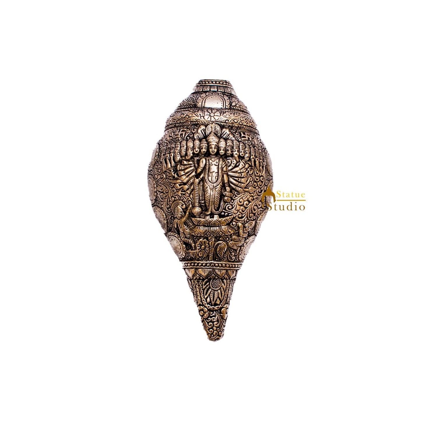 Brass Handcrafted Sculpture Fine Shankh Cooch Vishnu Engraved Showpiece 4"